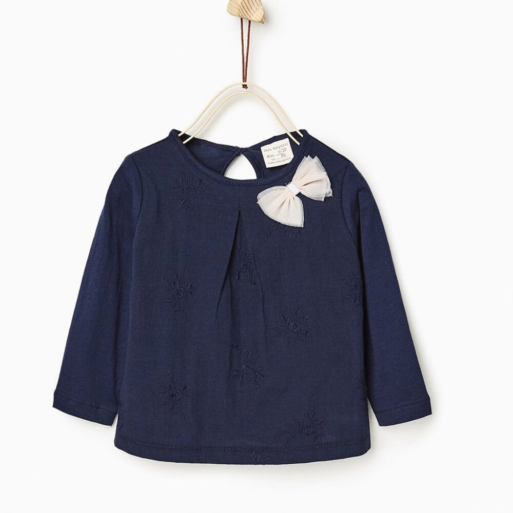 Zara BabyGirl Navy butterfly Embroidered Shirt with Pink Bow, Size 2/3T